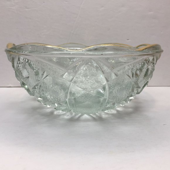 Vintage 1950s 8" Crystal Starburst Cut Glass Serving Bowl Gold Scalloped Rim - Picture 2 of 9